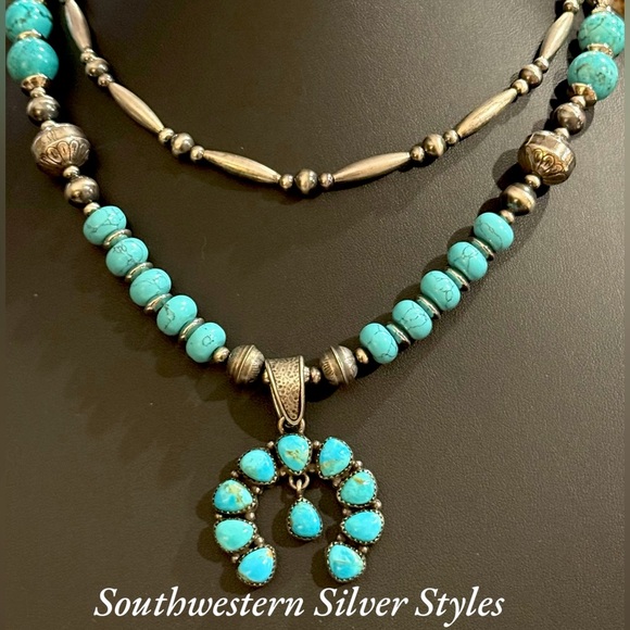 Native American Jewelry - Vintage Sterling Silver Navajo Pearls Turquoise Squash Blossom Necklace